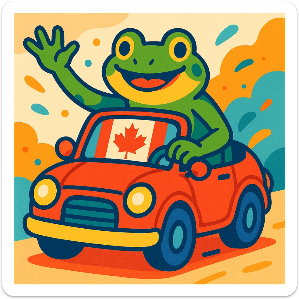 a frog riding a car with a Canadian flag on the windshield, vibrant and playful style sticker
