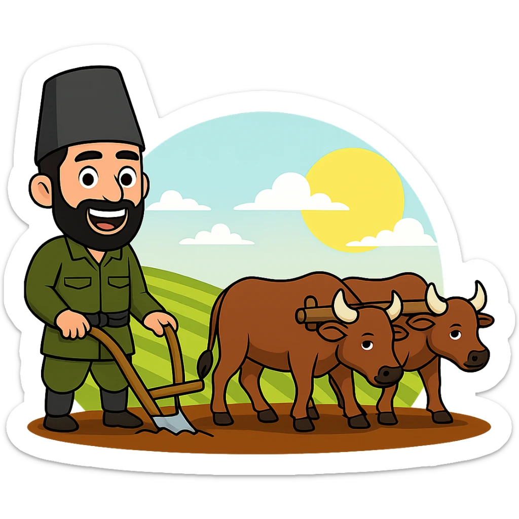 Edit the cartoon sticker by changing the farmer's clothing to traditional Kurdish attire from the Slemani (Sulaymaniyah) region. Keep the rest of the vibrant, cheerful cartoon sticker the same, suitable for WhatsApp and Instagram. Maintain a transparent background. sticker