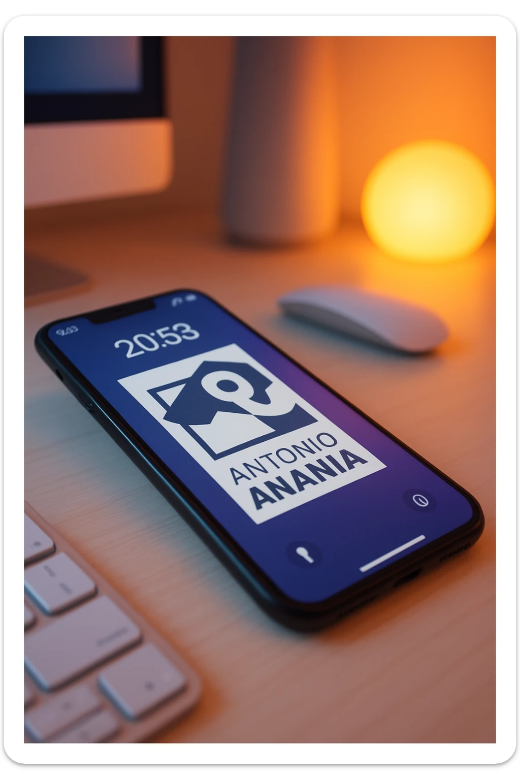 A photo of an iPhone on the desk with the message "Antonio Anania" on its screen, The phone sits atop a desk with a blurred background that suggests work environment. A faint glow from above casts gentle shadows across the surface of each object, creating depth and highlighting their textures sticker