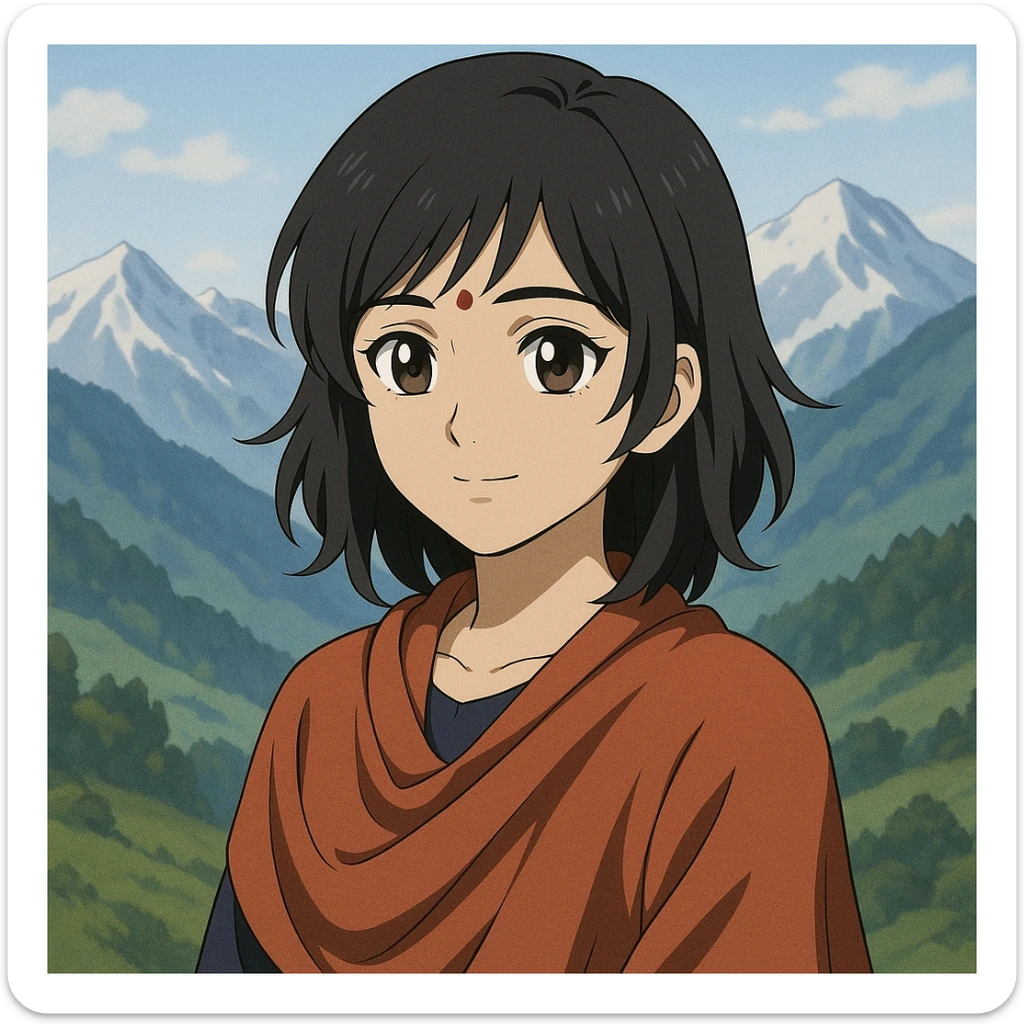 anime style Indian girl living in the mountains, black layered haircut, brownish-black Indian eyes, fair face, subtle mountain background sticker