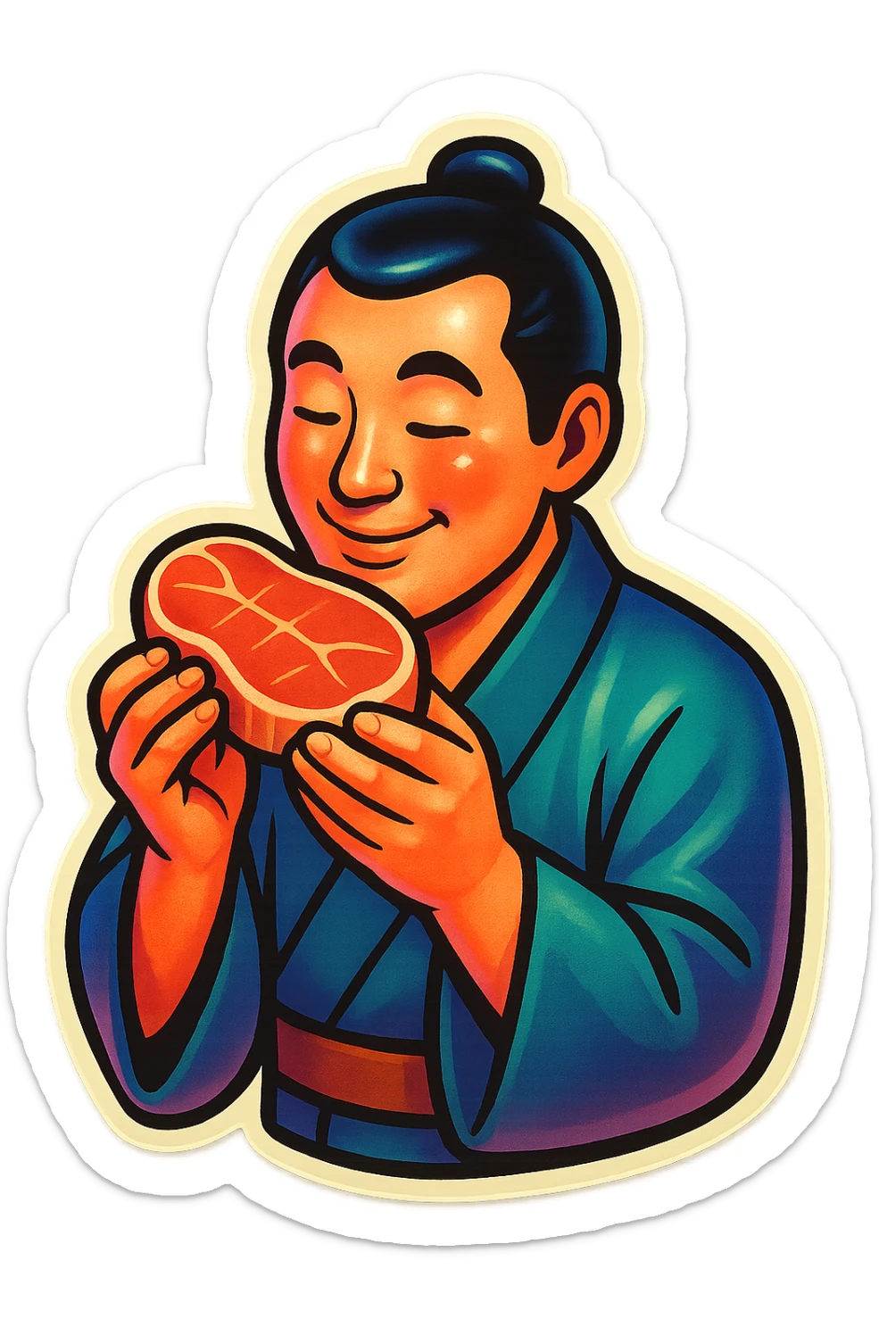 A Japanese man in traditional kimono with a loving look holds a steak in his hands, preparing to eat it sticker