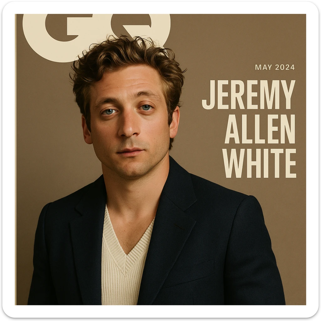 GQ Magazine cover featuring Jeremy Allen White, stylish, modern, magazine layout, bold typography, fashion-forward, elegant color palette sticker