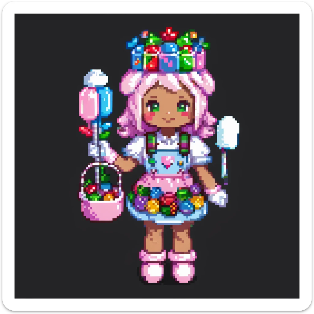 Portrait of a baker dressed in pink candy-themed clothes, gummy bears on his sleeves, rock candy crown, marshmallow gloves, skeuomorphism style sticker