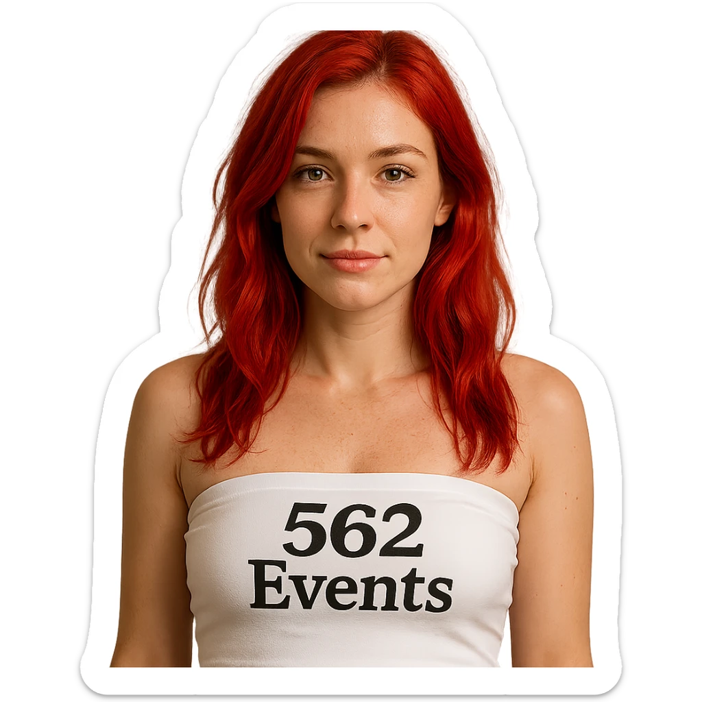 realistic woman with vibrant red hair, white tube top that says '562 Events' sticker
