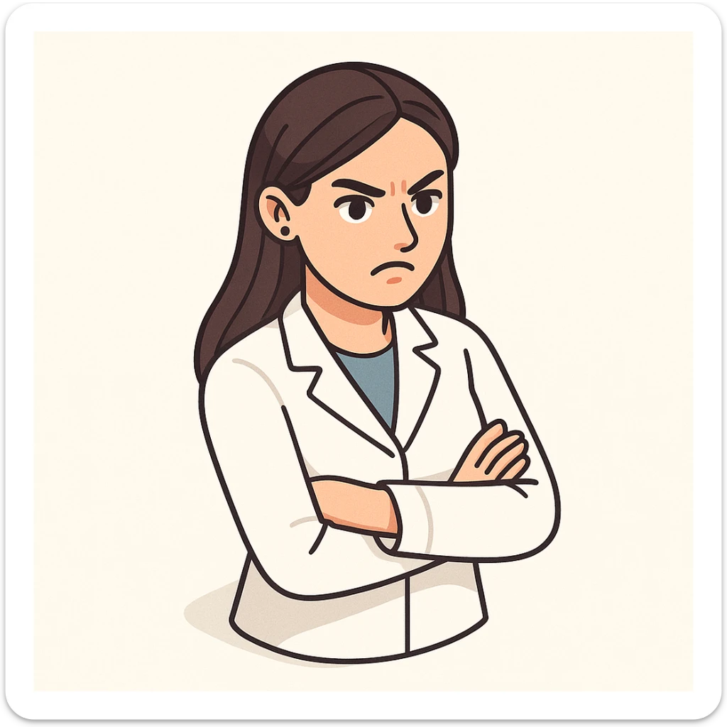 A 2D isometric style illustration of a female doctor with dark long straight hair, detailed brown eyes (not just dots), wearing a white coat, minimalist background, angry expression, appearance as in the second previous variant. sticker