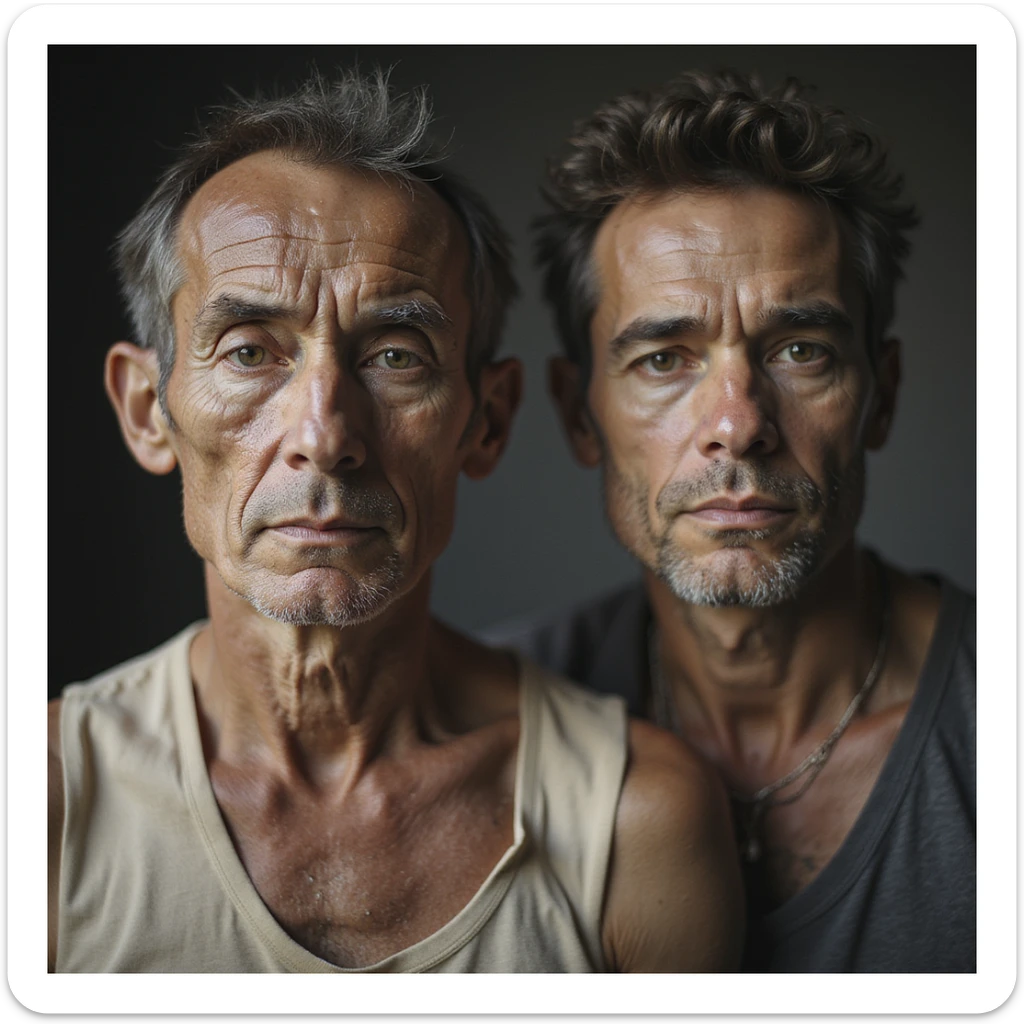 Uomo che confronta una vecchia foto di sé stesso più muscoloso con il suo aspetto attuale, espressione nostalgica, testo in italiano: “Prima e dopo: meno muscoli, metabolismo più lento”. Stile iperrealistico. sticker