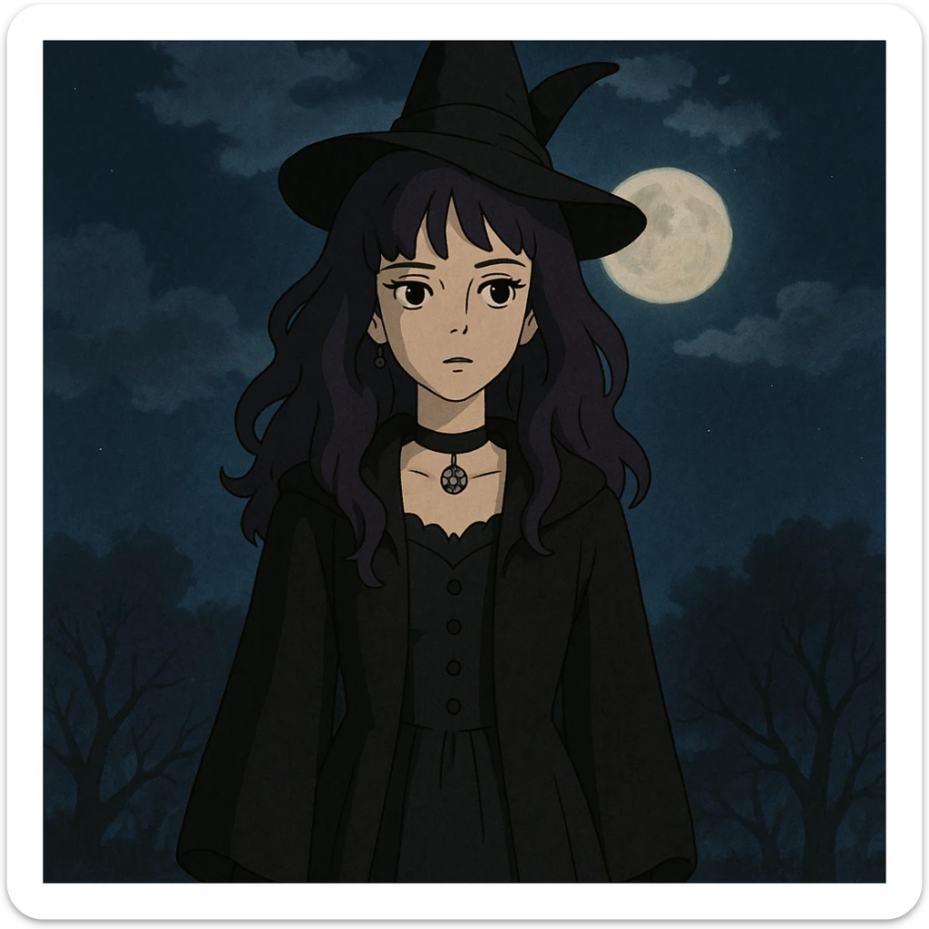 gothic woman with purple hair, witchy touch, standing in moonlight, ghibli style sticker