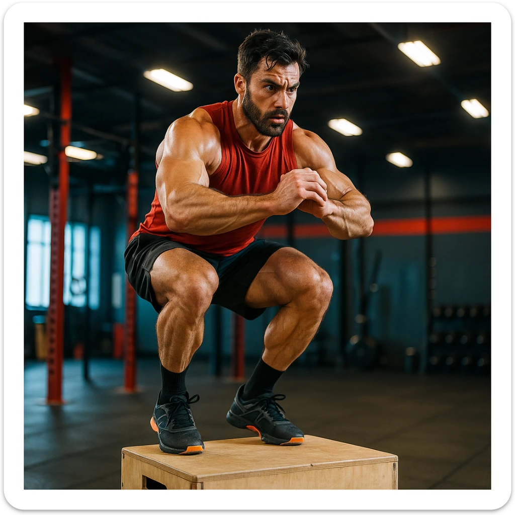 realistic 4K image of a CrossFit athlete training, box jump exercise, muscles in tension, intense lighting, vivid colors, modern gym background, energetic atmosphere sticker
