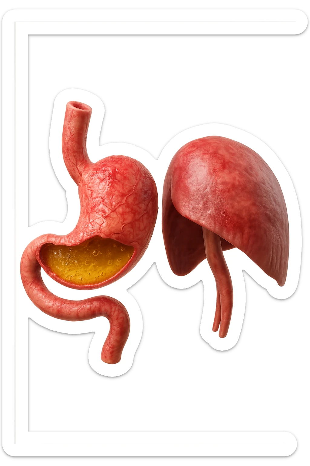 stomaco umano anatomico infiammato con acido giallo all'interno fluttua in aria insieme ad un diaframma umano, iperrealistico 4k, isolato su sfondo bianco sticker