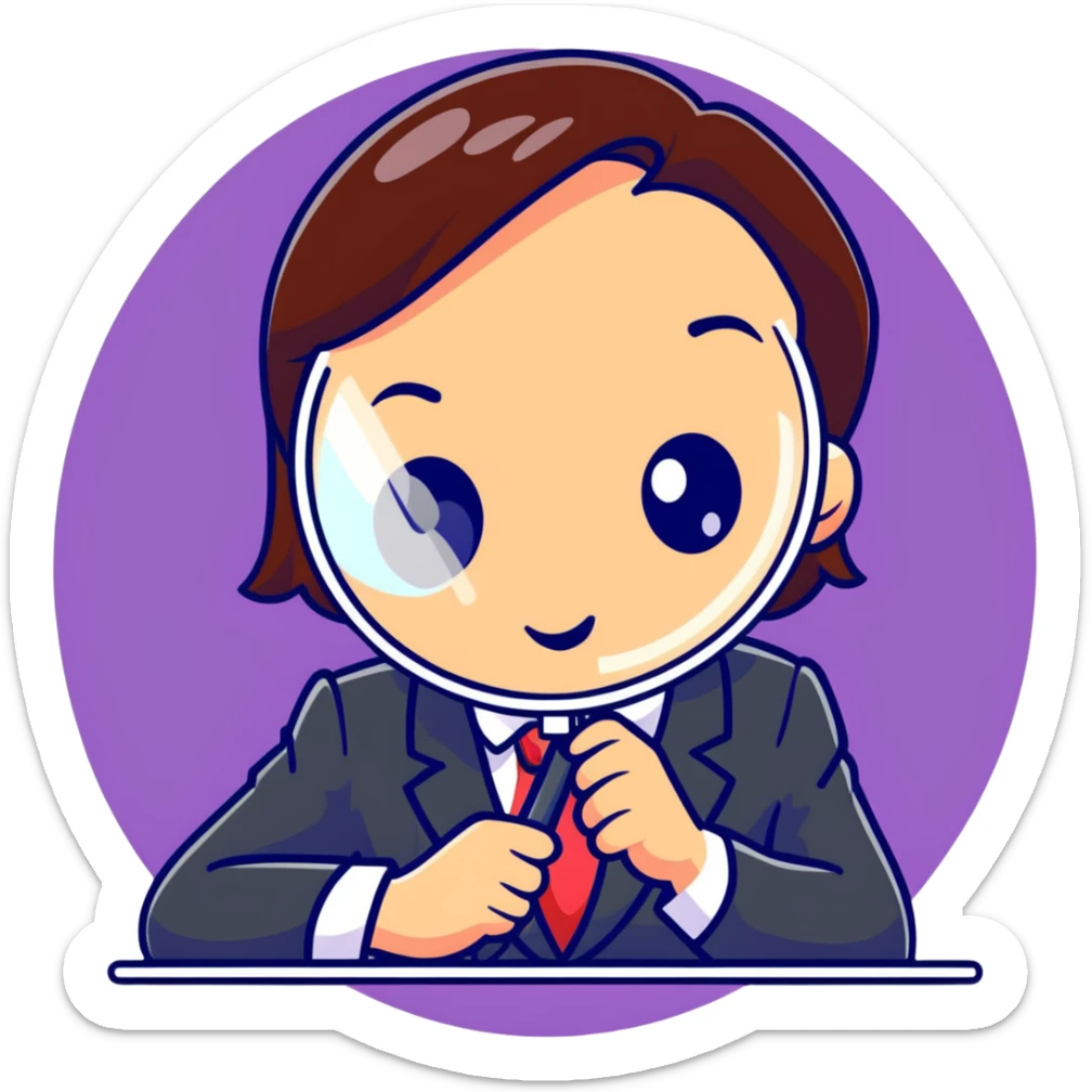girl detective in a suit, peering through a magnifying glass, inquisitive expression sticker