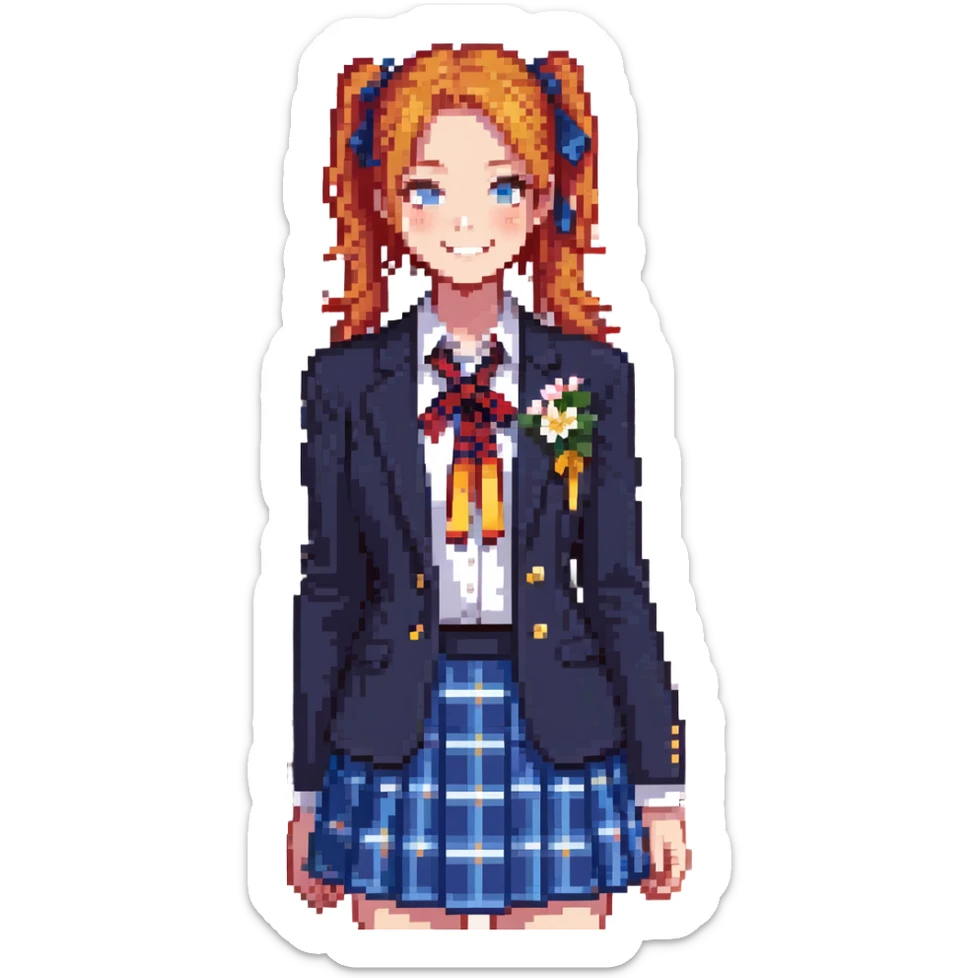 cheerful high school girl with orange side ponytail and yellow ribbon, blue eyes, navy blazer, red ribbon, blue plaid skirt, standing in a school courtyard with cherry blossoms, spring breeze, energetic smile sticker