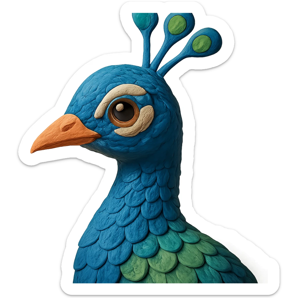 close-up of a peacock's head and neck, soft lighting, detailed feathers, claymation style sticker