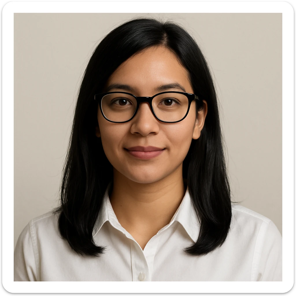 upper body portrait of a medium black haired girl, black glasses, light tan skin, white collared shirt, subtle smile, minimal background sticker