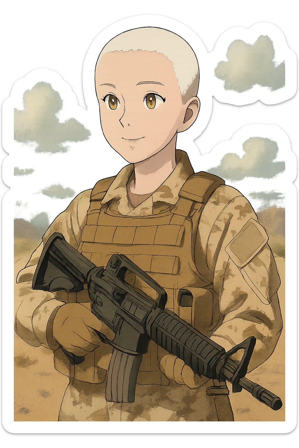 1 female, US soldier, 2010's era, she is wearing tan desert camo and a plate carrier with an m-16, gold yellow eyes, short buzzed white hair, face covered sticker