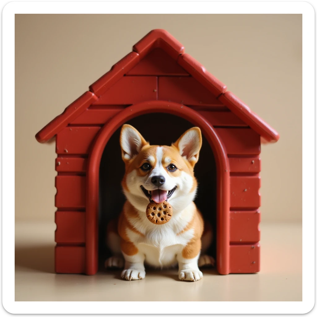 realistic red dog house with a Corgi dog inside, Corgi with a cookie, photorealistic style sticker