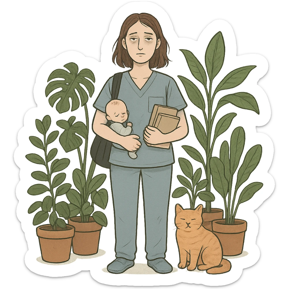 tall medium-build woman with shoulder-length brown hair, pale skin, gray eyes, looking tired, surrounded by house plants and a cat, representing a full-time mom, student, and nurse sticker