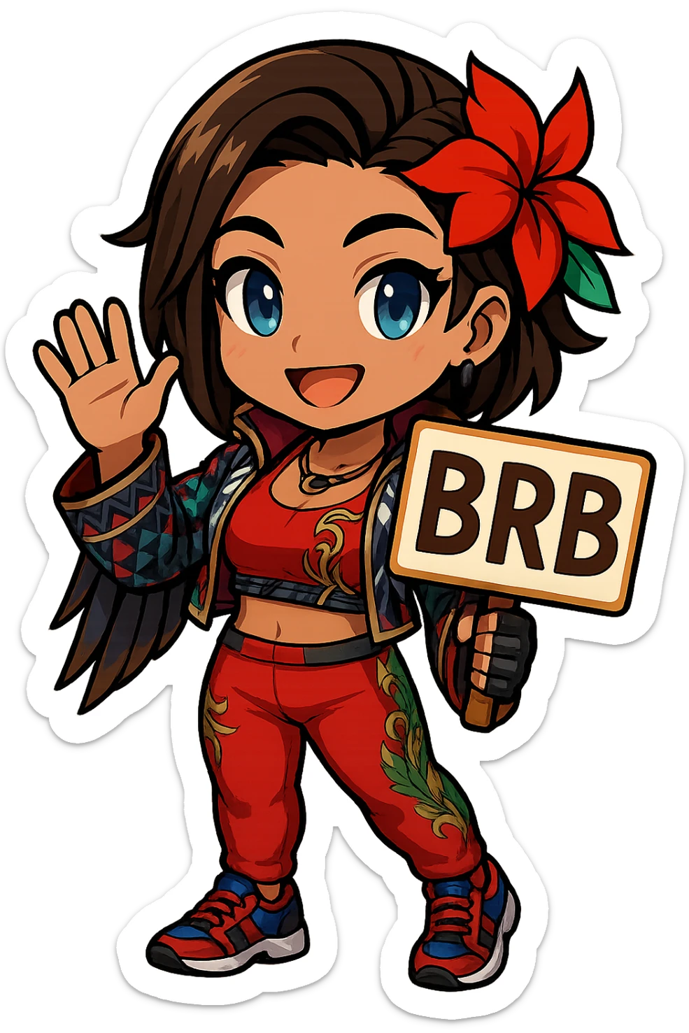 Azucena from Tekken 8 in chibi sticker style, holding a sign that says 'BRB', waving, wearing the detailed red and patterned outfit from the reference images, designed for Twitch emote use. sticker