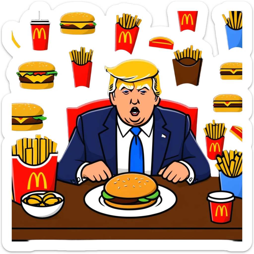 Donald Trump in a playful war room, surrounded by McDonald's food, cartoon sticker style sticker