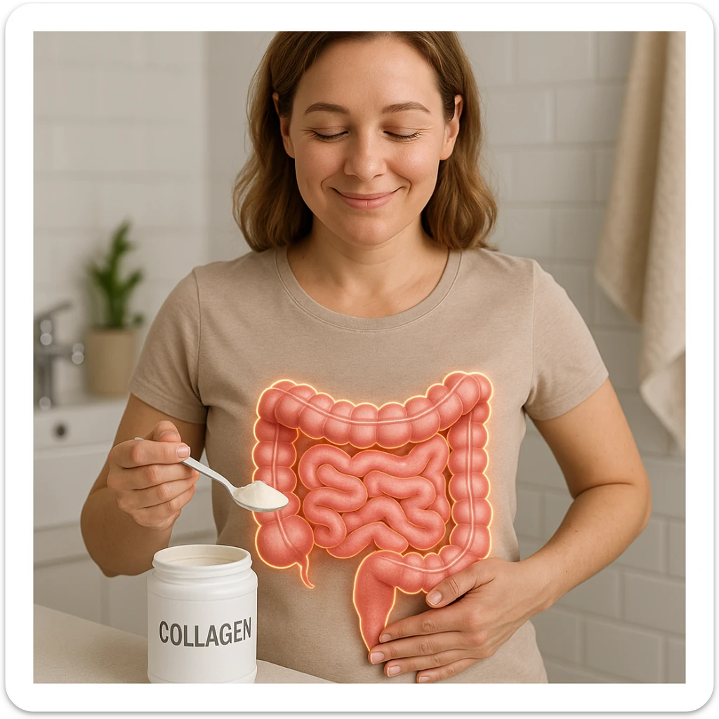 realistic image of a woman in bathroom or kitchen, healthy intestine thanks to collagen, satisfied expression, clinical details, visible collagen supplement sticker