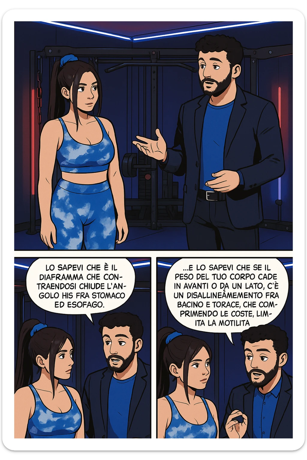 TRASFORMA QUESTO CAROSELLO IN UN FUMETTO STILE WEBTOON/MANGA A COLORI CON QUESTE DUE PERSONE IDENTICHE CHE INTERLOQUISCONO TRA LORO, L'uomo sta spiegando alla donna questo concetto:

LUI (UOMO): Hai controllato diaframma e baricentro corporeo?
LUI (UOMO): Lo sapevi che è il diaframma che contraendosi chiude l’angolo his fra stomaco ed esofago, contenendo la risalita degli acidi grassi?
LUI (UOMO): …e lo sapevi che se il peso del tuo corpo cade in avanti o da un lato, c’è un disallineamento fra bacino e torace, che comprimendo le coste, limita la motilità del diaframma e quindi il contenimento del reflusso? sticker