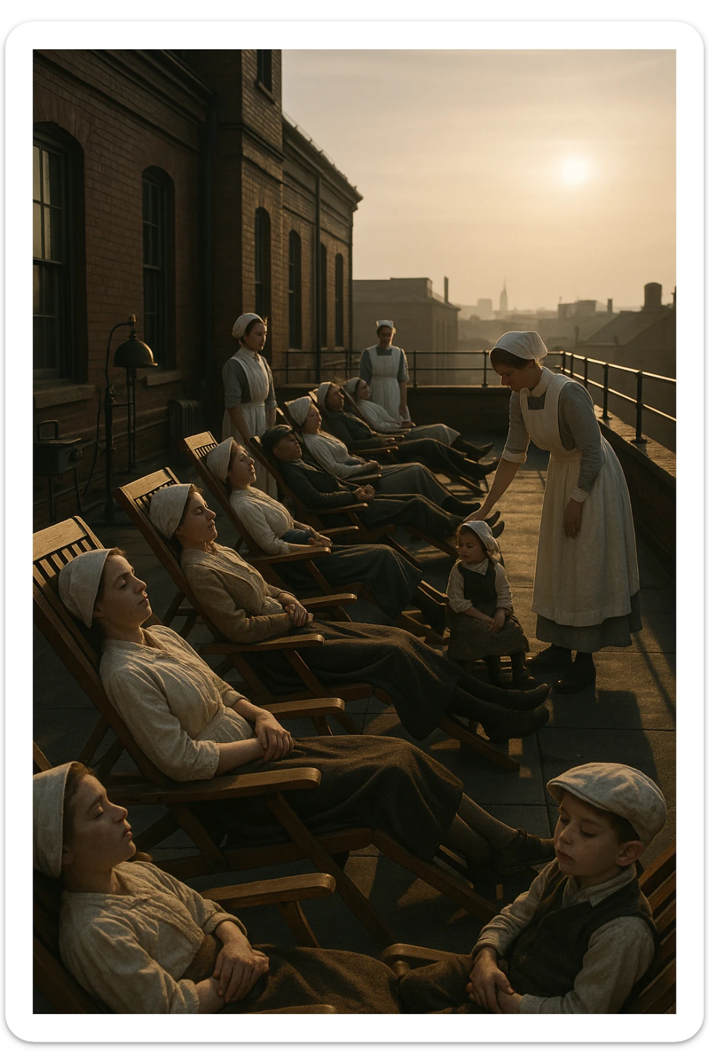 A realistic cinematic image of a hospital rooftop solarium from the 1900s, patients sunbathing under nurse supervision for heliotherapy against tuberculosis and rickets. sticker