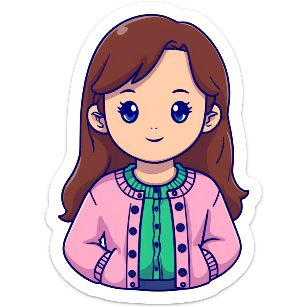 cute girl with long brown hair and blue eyes, wearing a pink cardigan with buttons sticker