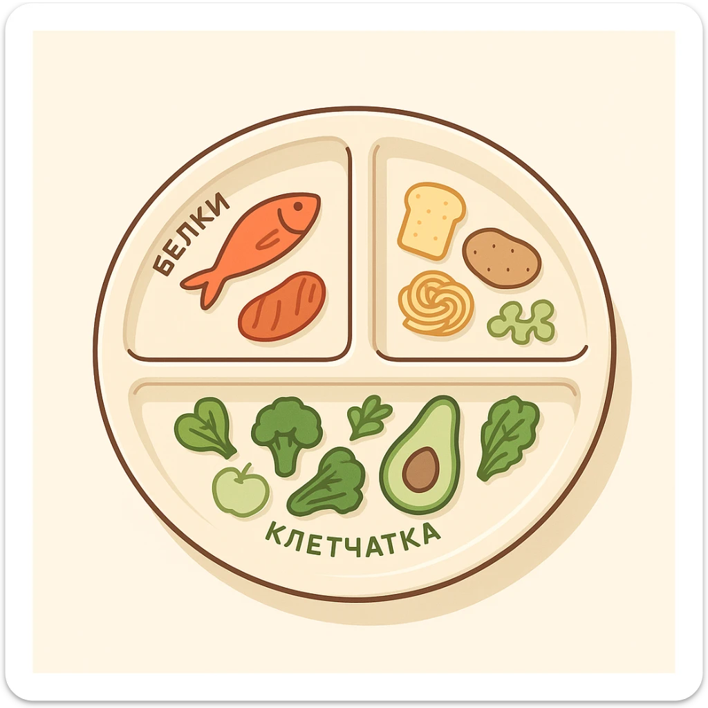 Move the labels 'клетчатка', 'белки', 'углеводы' inside their respective sections along the contour of the plate rim. Use 2d isometric style with shadows and highlights. Color separation for sections: белки with fish, клетчатка with greens or vegetables, углеводы with garnish. No hand visible, clean background. sticker