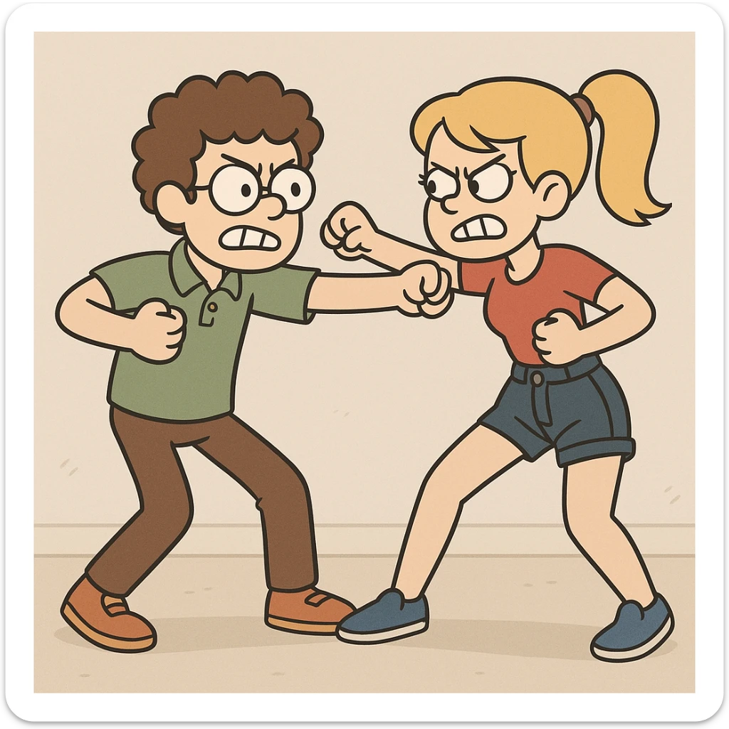 Fighting a boy brown Curly hair circle glasses green Pro polo brown jeans orange shoes and a girl Yellow ponytail hair red shirt high waisted dark blue denim shorts blue shoes sticker