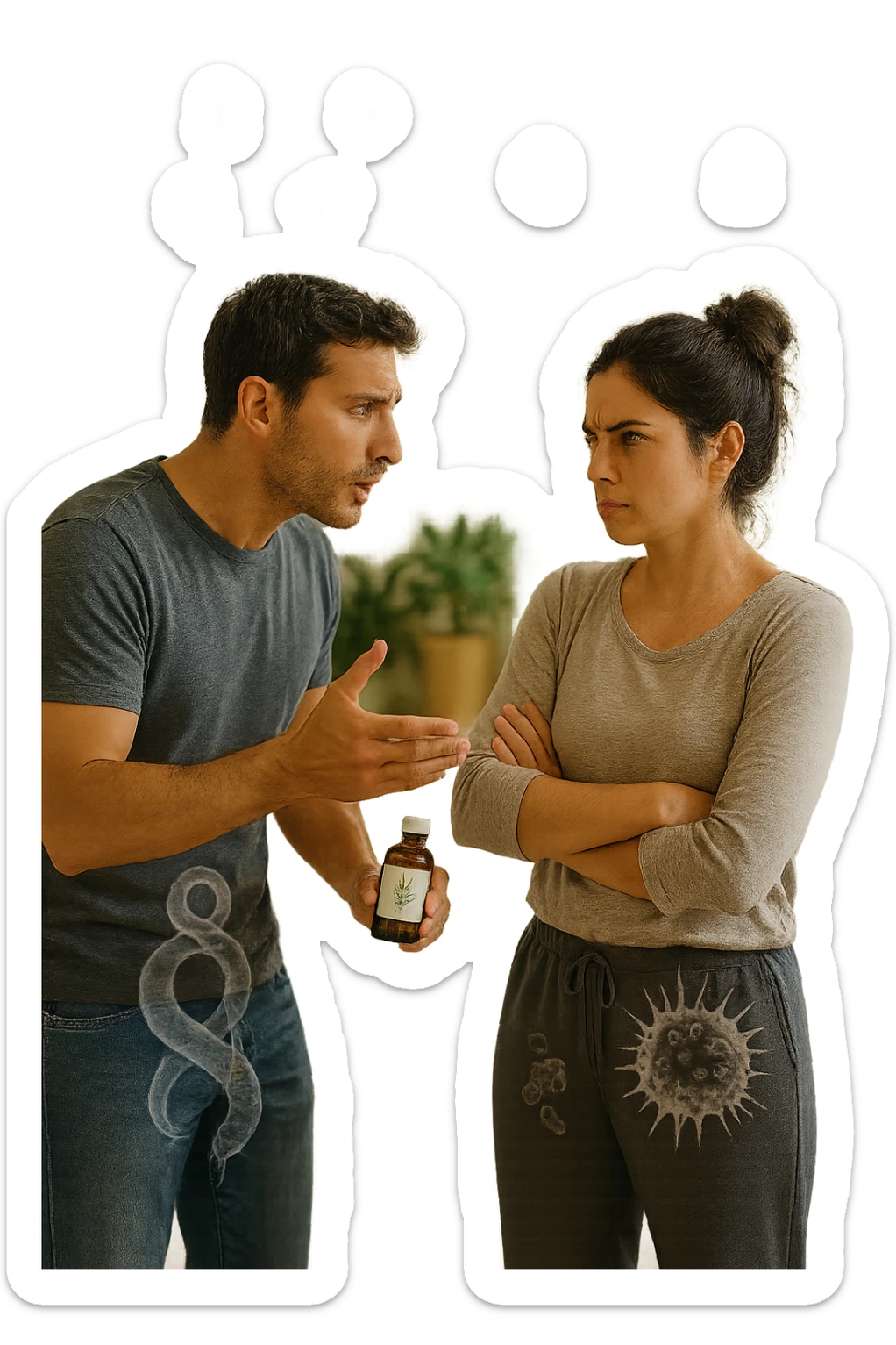 A highly realistic, cinematic photo of a young couple in their early 30s having an argument in a bright modern kitchen. The man, athletic build, wearing a casual T-shirt and jeans, is speaking firmly with a raised hand holding a small amber glass bottle labeled with a subtle herbal symbol, saying 'Andiamo a fare il trattamento antiparassitario' with a determined expression. The woman, with long dark hair tied in a messy bun, casual home outfit, crosses her arms with an angry, defensive expression, replying 'Ti ho detto di no! Io non ci credo!' while slightly turning away. Tension is visible in their body language, with the man leaning forward trying to explain and the woman leaning back, her eyebrows furrowed. Around them, subtle ghostly overlays of microscopic parasites are faintly visible near their abdominal areas, symbolizing the hidden reason for the argument. The kitchen is bright and modern with plants and natural light, contrasting the emotional tension. The style is hyperrealistic with warm tones and shallow depth of field focusing on their facial expressions, illustrating the conflict between belief in natural treatments and skepticism within the couple regarding hidden parasitic infections. in italiano sticker