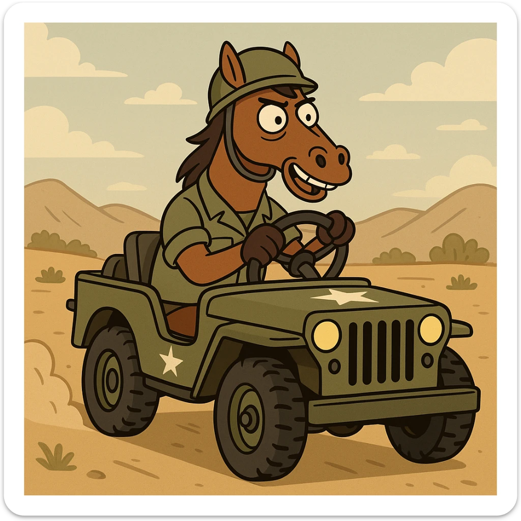 brown horse with an army vibe, cartoon style, riding in a military jeep sticker