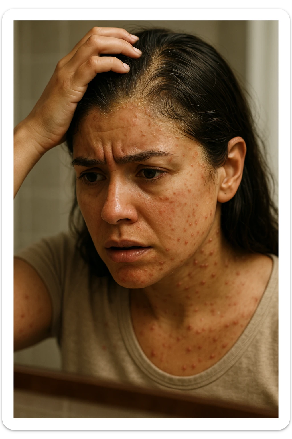 A highly realistic, cinematic close-up portrait of a young woman in her late 20s with medium skin tone, displaying visible folliculitis and seborrheic dermatitis. Small, red, inflamed follicular papules and pustules are scattered along her hairline, jawline, and upper neck, indicating folliculitis. Her scalp and areas around the nose and eyebrows show flaky, greasy yellowish scales, with redness and irritation, indicating seborrheic dermatitis. Her hair appears slightly greasy and clumps near the scalp, emphasizing excess sebum production. She gently touches her irritated scalp with concern while looking at herself in a softly lit bathroom mirror, expressing discomfort and frustration. The environment is neutral and clean, with daylight softly illuminating the scene to highlight the skin and scalp texture. The style is 35mm hyperrealistic, with warm neutral tones and shallow depth of field to maintain focus on her skin, inflammation, and emotional expression, visually explaining the physical discomfort and aesthetic concerns of living with folliculitis and seborrheic dermatitis sticker