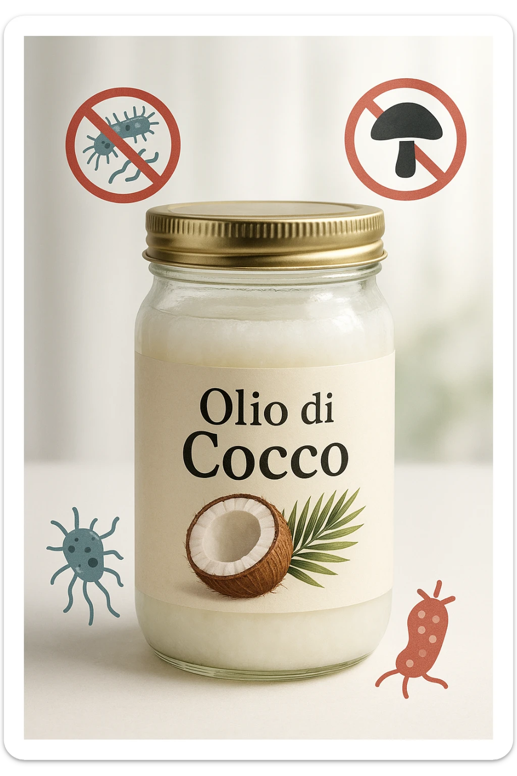 vertical realistic and cinematic illustration of a jar of coconut oil with Italian label 'Olio di Cocco'. Include visual symbols representing anti-dysbiotic and antifungal properties, such as bacteria and fungi crossed out or defeated. Bright atmosphere, no other text, vertical 2:3 aspect ratio. sticker