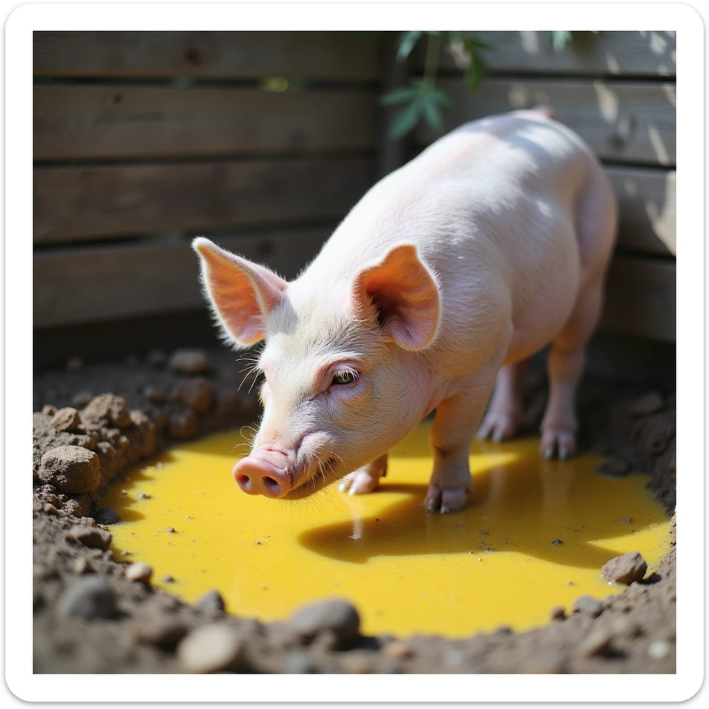pig in an outdoor pen, feeding and drinking from a yellow puddle among mud, rural environment, natural light, 4K quality sticker
