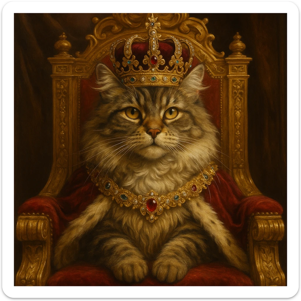 queen cat, majestic feline with jeweled crown, sitting on a throne, luxurious details sticker