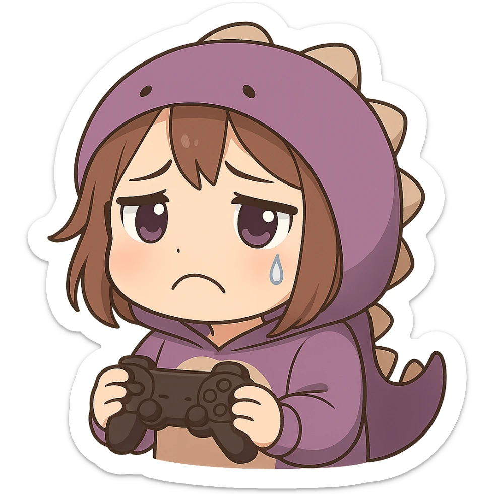 Chibi anime style gamer girl with glasses, brown hair, dark purple eyes, wearing a purple dinosaur costume, making a sad emote, no background, same style as reference. sticker