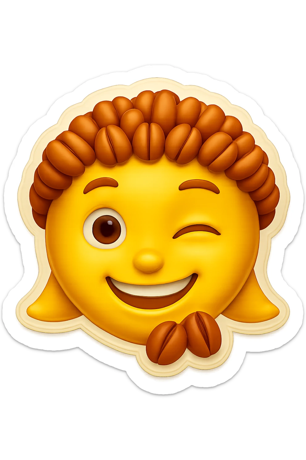 Add a second nut to the chin of the winking yellow iMessage-style face emoji, keeping the smile and style consistent with the retro stickers style. sticker