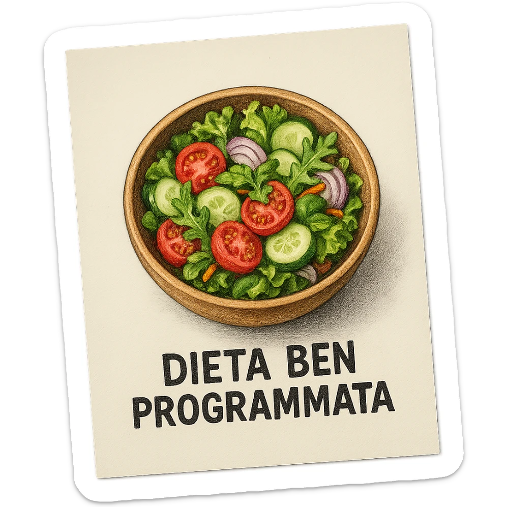 hyperrealistic 4K image of a sheet of paper seen from above with a bowl of salad drawn and the text 'DIETA BEN PROGRAMMATA', no background sticker