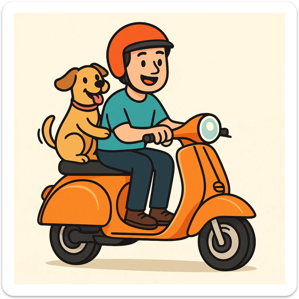 vector art of a man and his pet dog riding a vespa, for website design  sticker