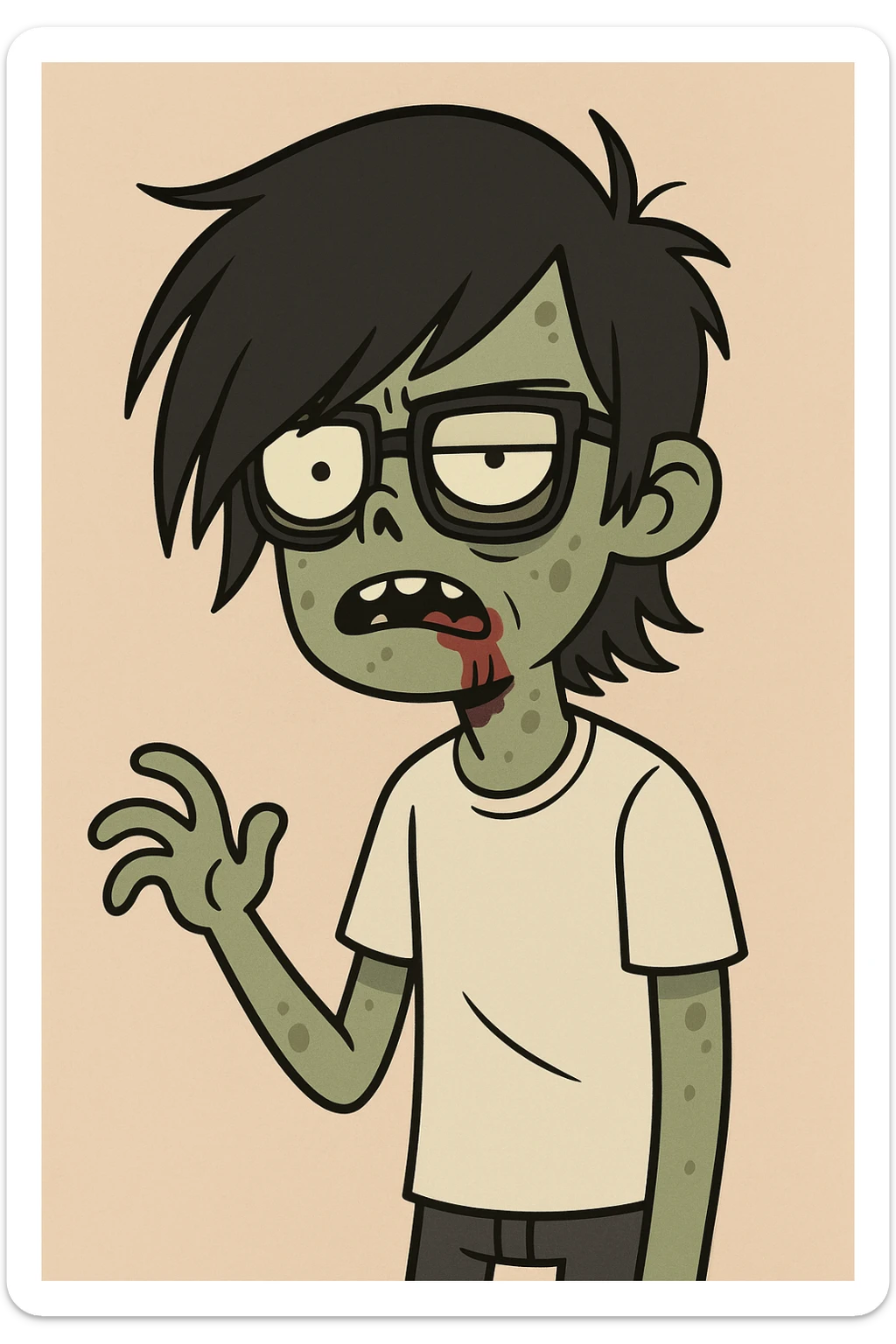 zombie boy with long black emo hair, glasses and white shirt, cartoon style sticker