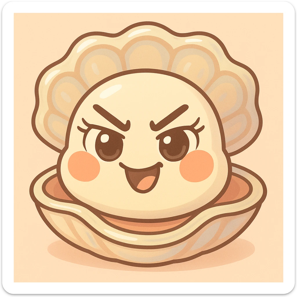 Enhance the oyster's eyes to be more expressive and luminous with pretty eyelashes. Accentuate pastel, pearly, cream, peach, and greige nuances. Keep the shell large and the oyster small. Maintain the pastel toon style, the background, and the mischievous expression. sticker