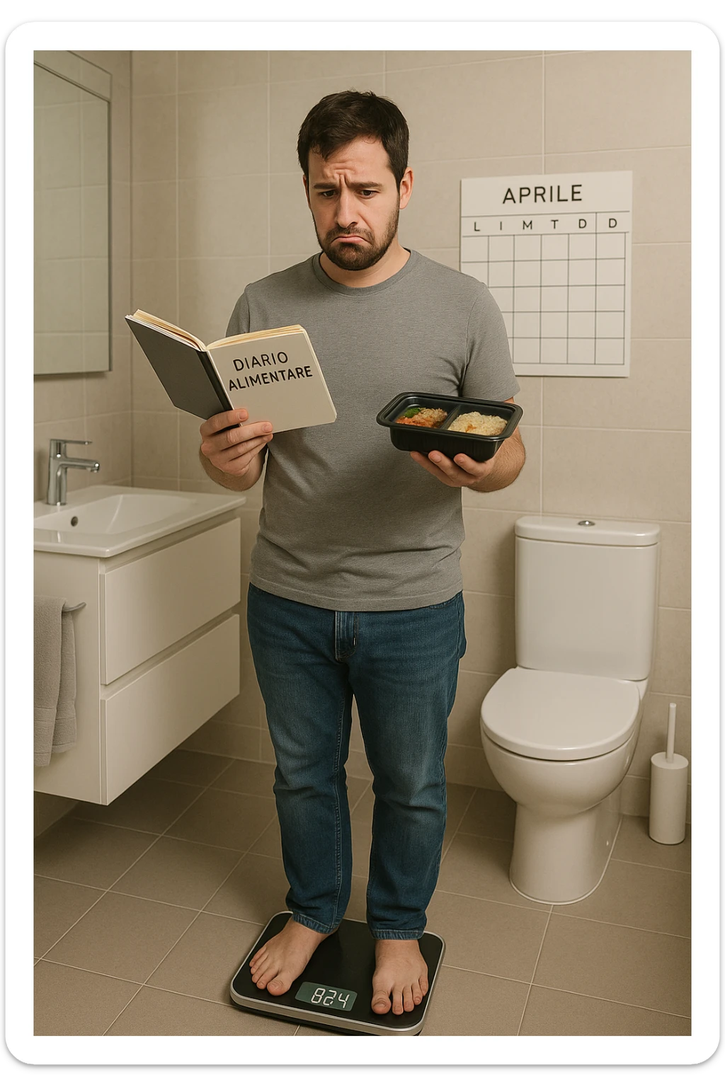 Uomo sulla trentina in piedi su una bilancia in bagno, con espressione delusa e confusa. In mano tiene un diario alimentare e un contenitore per i pasti già preparati, segno che sta seguendo una dieta. Dietro di lui un calendario con settimane segnate, ma senza cambiamenti. Il suo corpo appare identico a prima, senza progressi visibili. La bilancia digitale mostra lo stesso numero. Ambientazione pulita e moderna, toni neutri. Atmosfera di frustrazione e demotivazione, luce soffusa. scrivi tutti i testi in italiano sticker