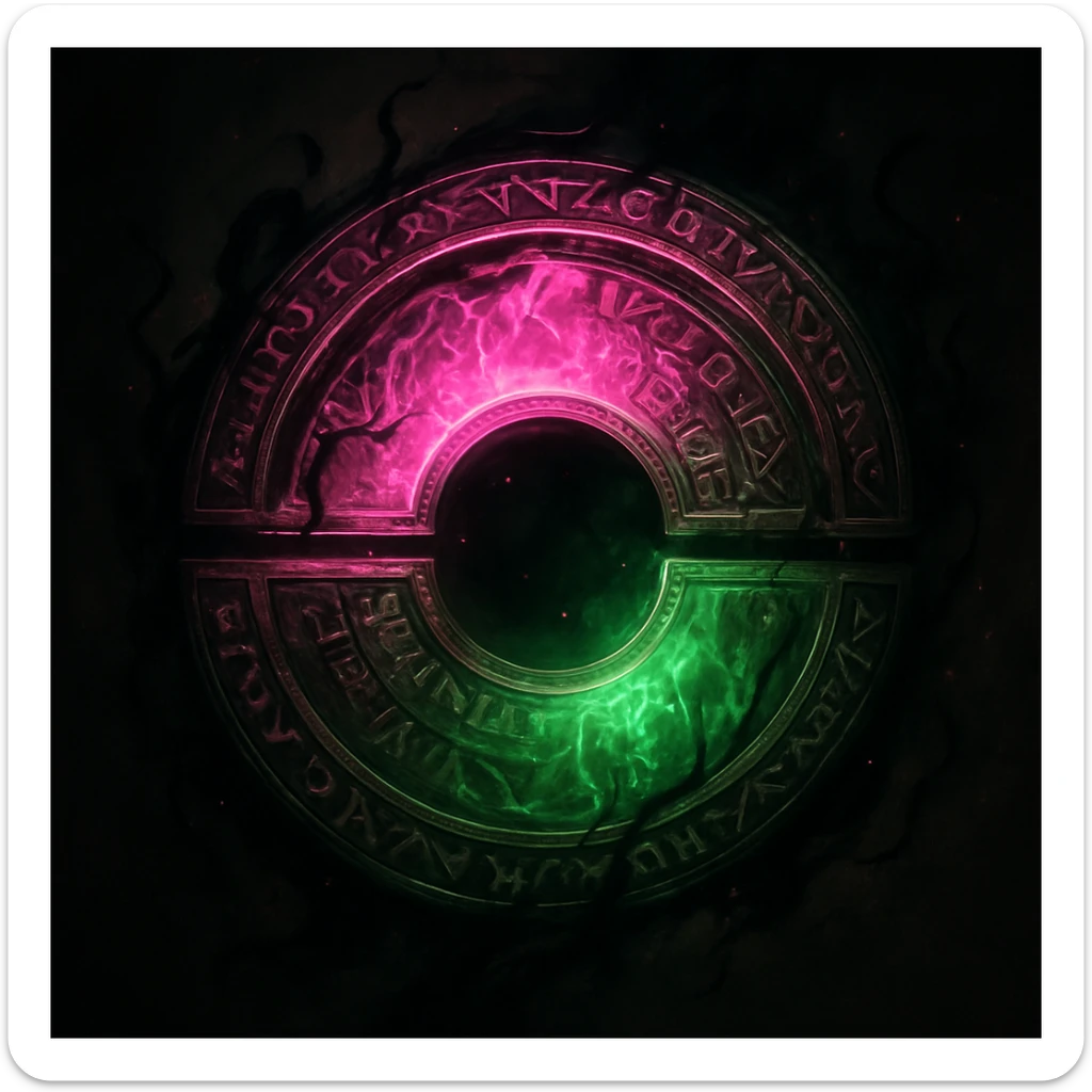 Enhance the split magical circle to be more fantasy-inspired and wicked themed. Add intricate runes and swirling energy around the circle, with a slightly sinister aura. Keep the original pink and green split color scheme and glowing effect, but emphasize the mystical and dark magical vibe. sticker