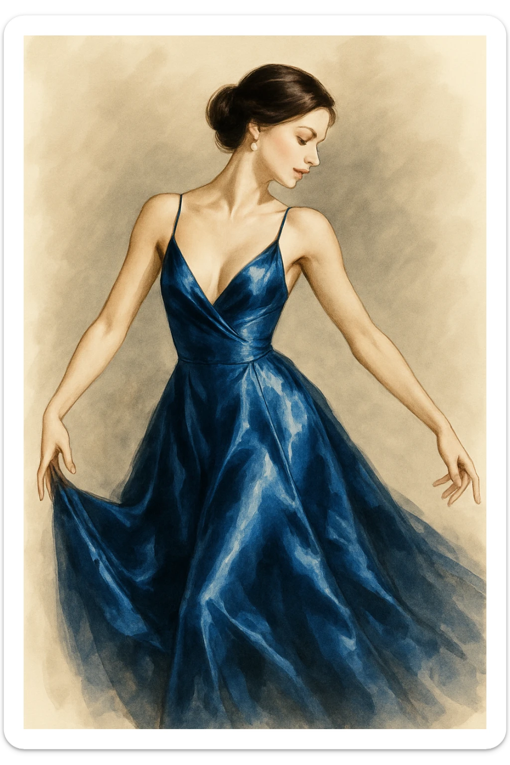 Edit the image to show an elegant woman in a low cut blue satin silk dress in a new pose. The dress should appear luxurious and shiny, styled as a fashion illustration with graceful movement and sophistication. sticker