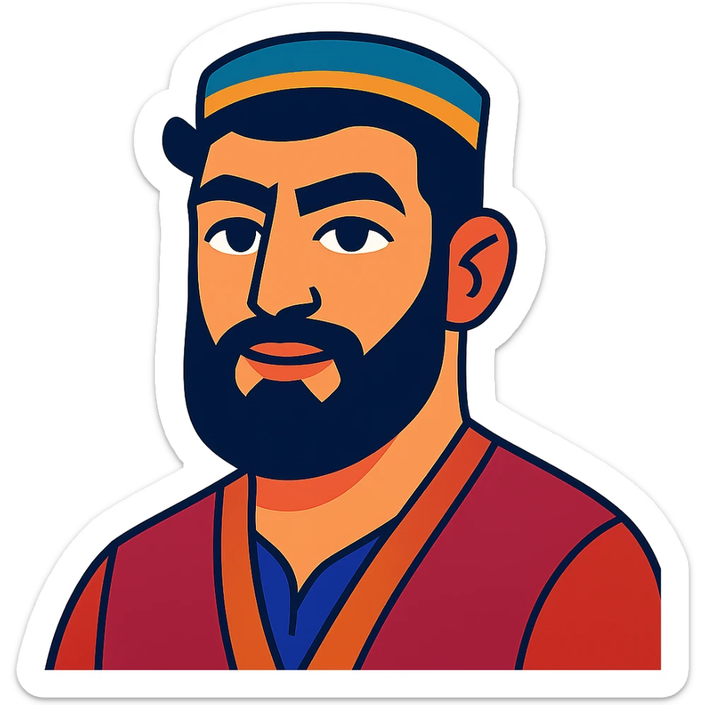 A Tajik man with masculine features, expressive eyes, thick eyebrows, dark hair, light-olive skin, and a larger, neatly kept beard sticker