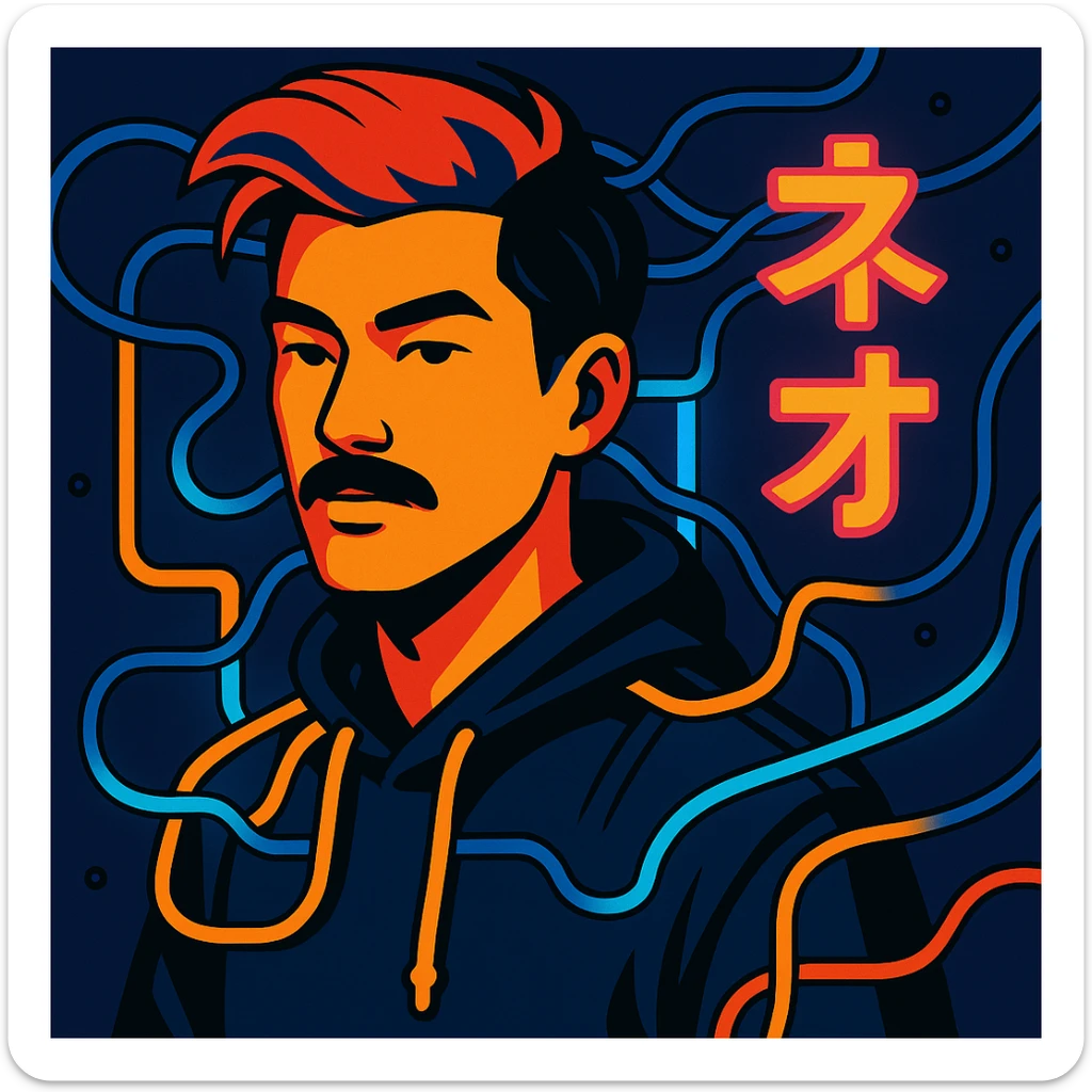 Add electric wires connecting to the body of the Asian man with black mustache, red hair, black hoodie, neon lights, Japanese cyberpunk anime style sticker