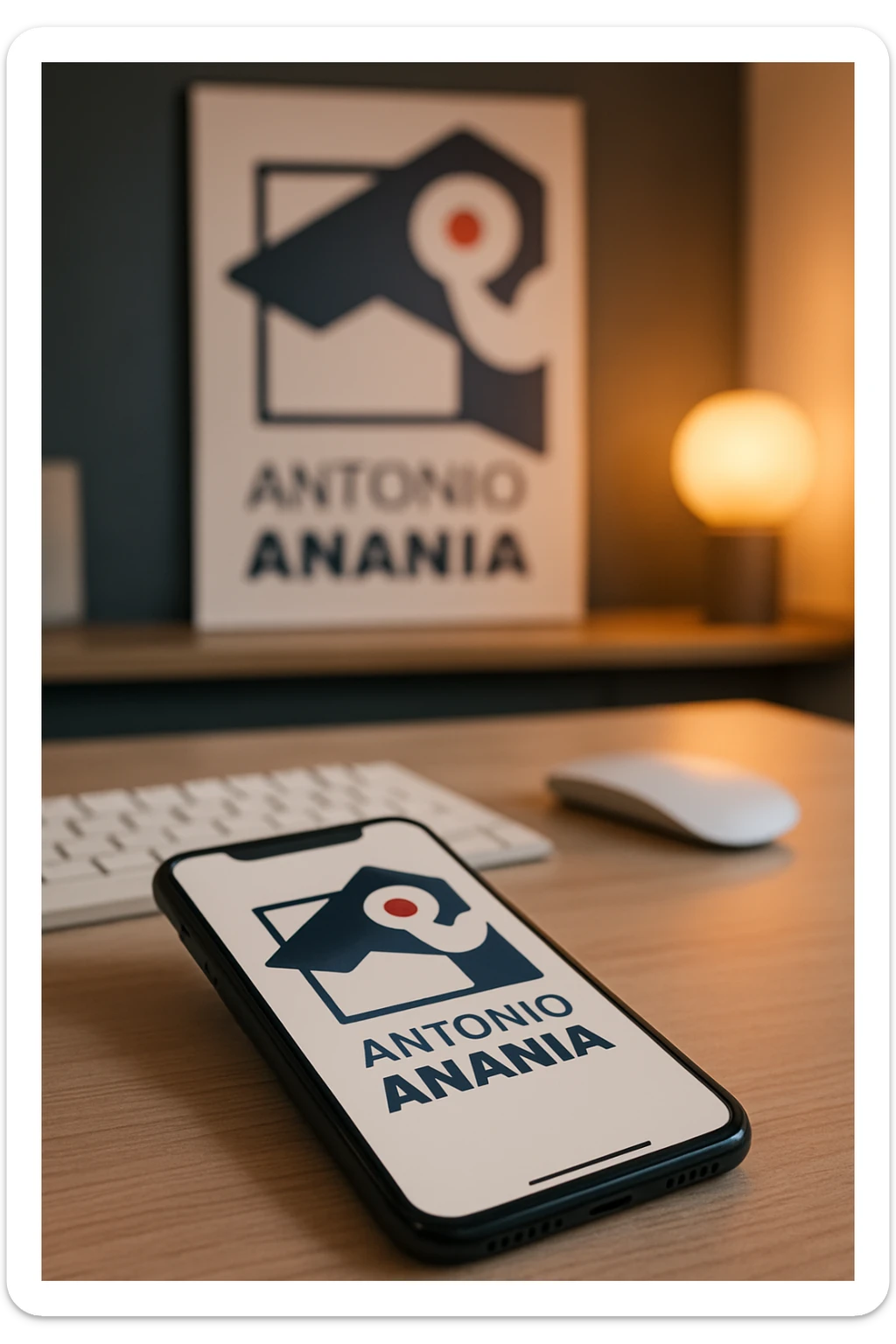 A photo of an iPhone on the desk with the logo of "Antonio Anania" on its screen, The phone sits atop a desk with a blurred with the logo in the background that suggests work environment. A faint glow from above casts gentle shadows across the surface of each object, creating depth and highlighting their textures sticker