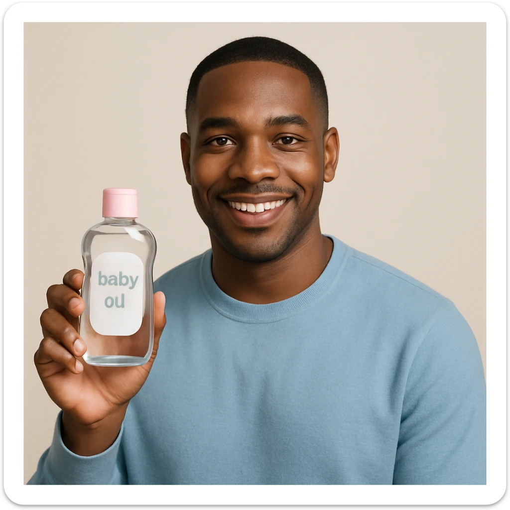 A Black man with short hair holding a bottle of baby oil, clean and approachable look sticker