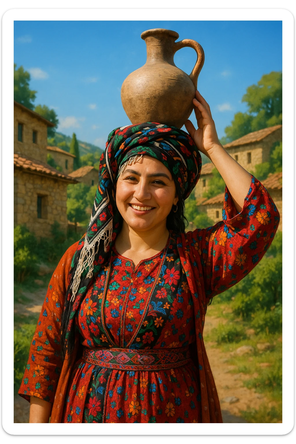 کوردی woman with traditional Kurdish scarf, balancing a water jug, smiling, village scene sticker