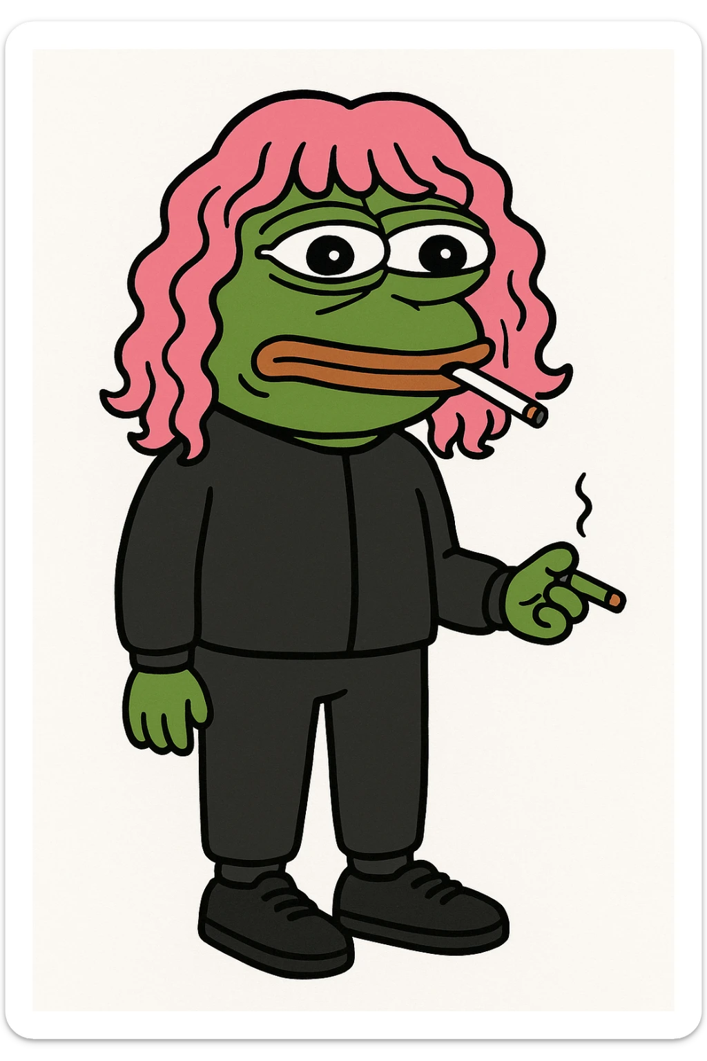 Edit the frog to stand upright wearing a plain black tracksuit without any logo, hoodie, or Adidas branding. The frog should wear sneakers and have a pink long curly hair wig. Remove any cap. Show only one cigarette with the mouth closed. sticker