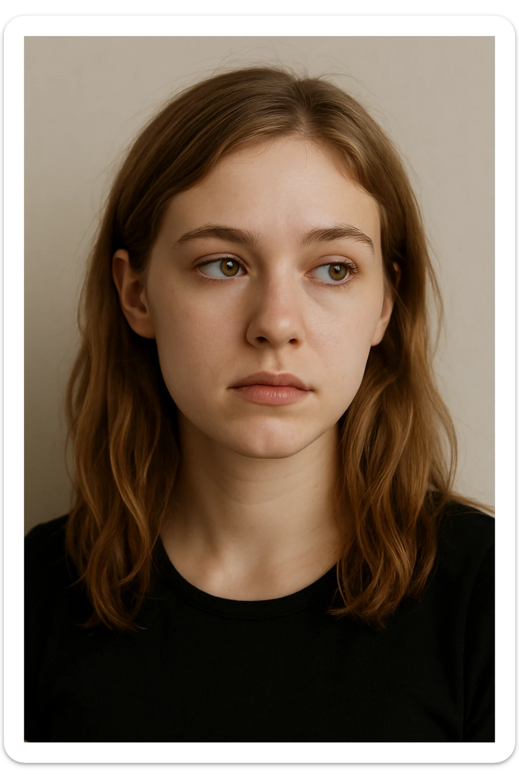 a white girl with dirty blond hair, hazel eyes, wearing a black top, looking to the side, neutral background sticker